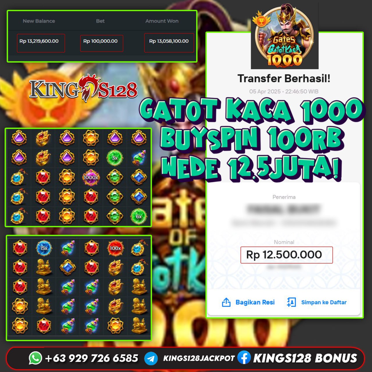 KINGS128 JACKPOT SLOT GATES OF GATOTKACA 1000 RP 12.500.000 ID : ALE***