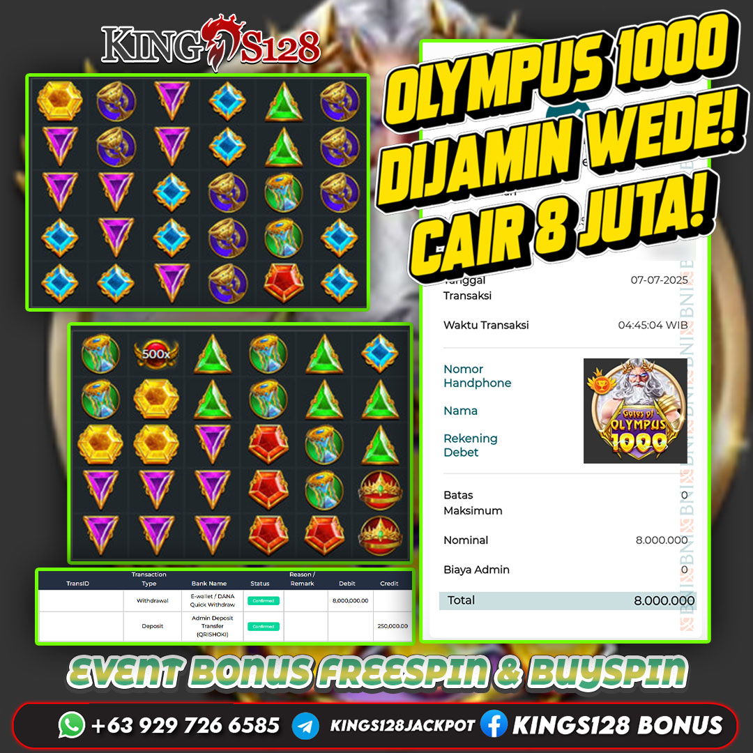 KINGS128 JACKPOT SLOT GATES OF OLYMPUS 1000 RP 8.000.000 ID : BUD***