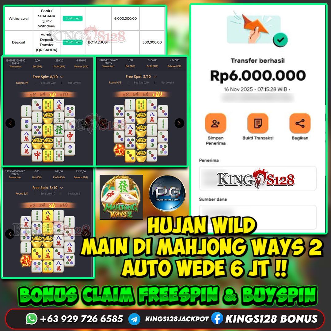KINGS128 JACKPOT SLOT MAHJONG WAYS 2 RP 6.000.000 ID : POP***