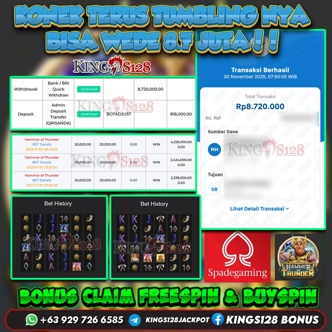 KINGS128 JACKPOT SLOT HAMMER OF THUNDER RP 8.720.000 ID : MIKA***