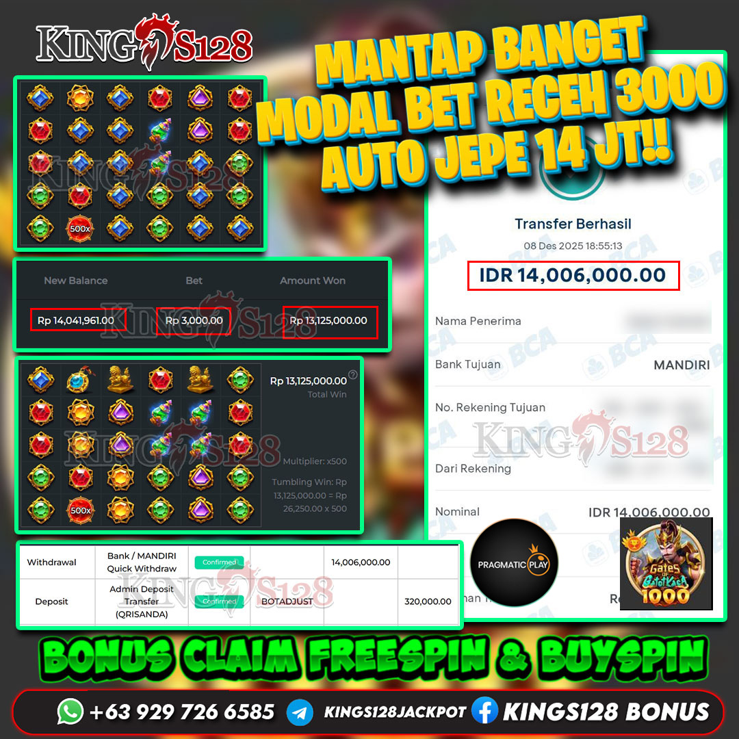 KINGS128 JACKPOT SLOT GATES OF GATOT KACA 1000 RP 14.006.000 ID : LAN***