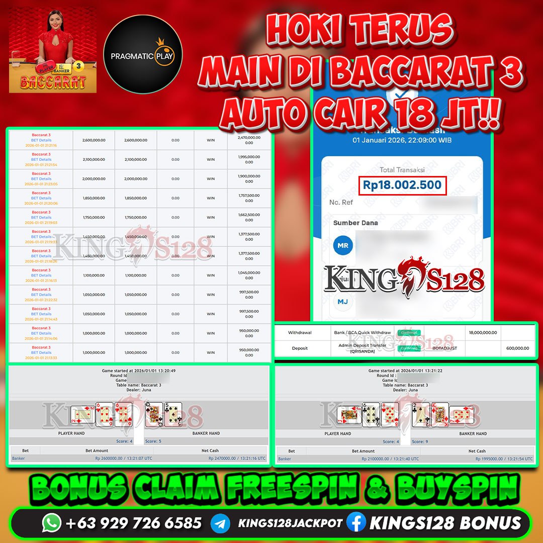 KINGS128 JACKPOT LIVE CASINO ( PRAGMATIC PLAY ) BACCARAT 3 RP 18.000.000 ID : JOY***
