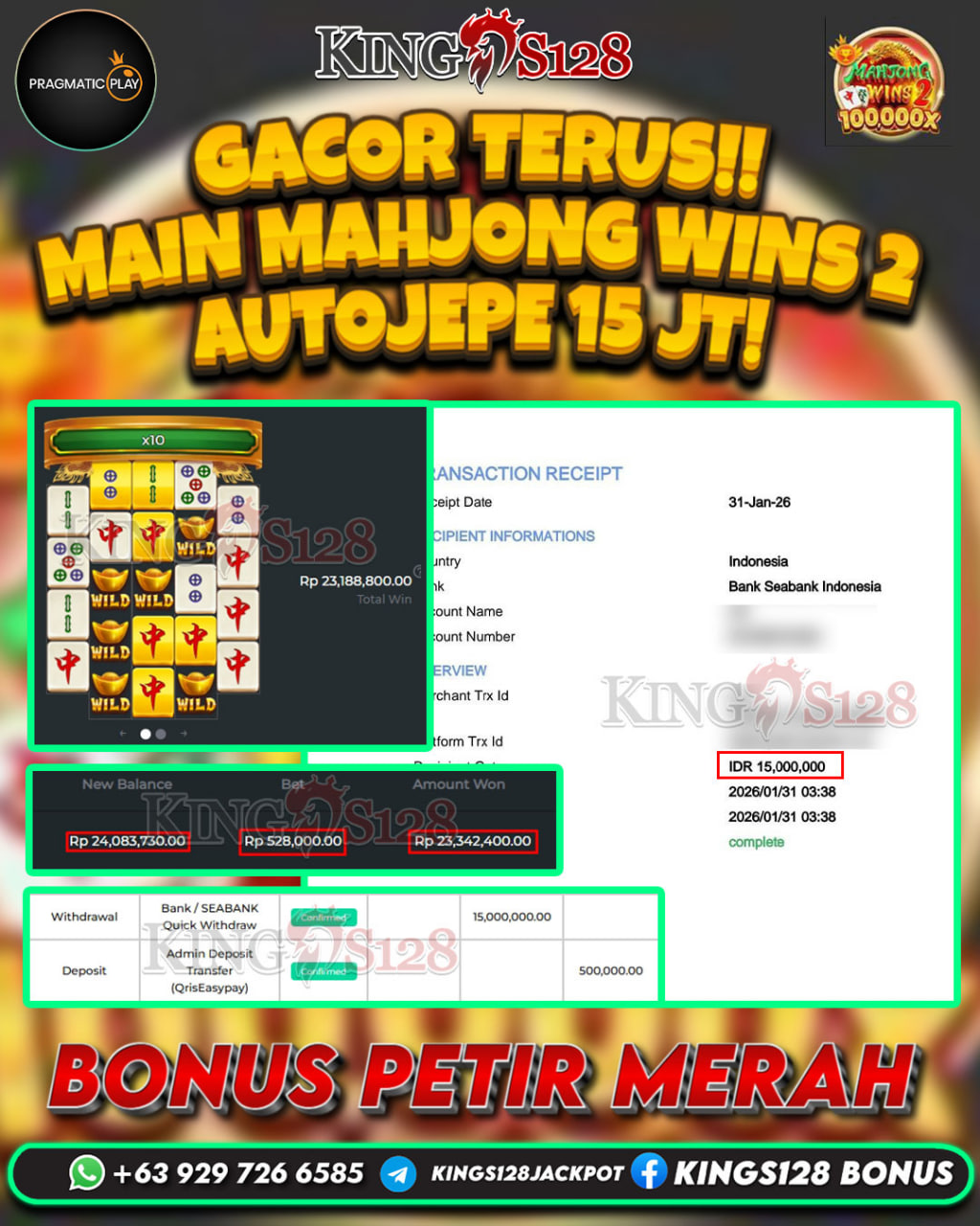KINGS128 JACKPOT SLOT MAHJONG WINS 2 RP 15.000.000 ID : RID***